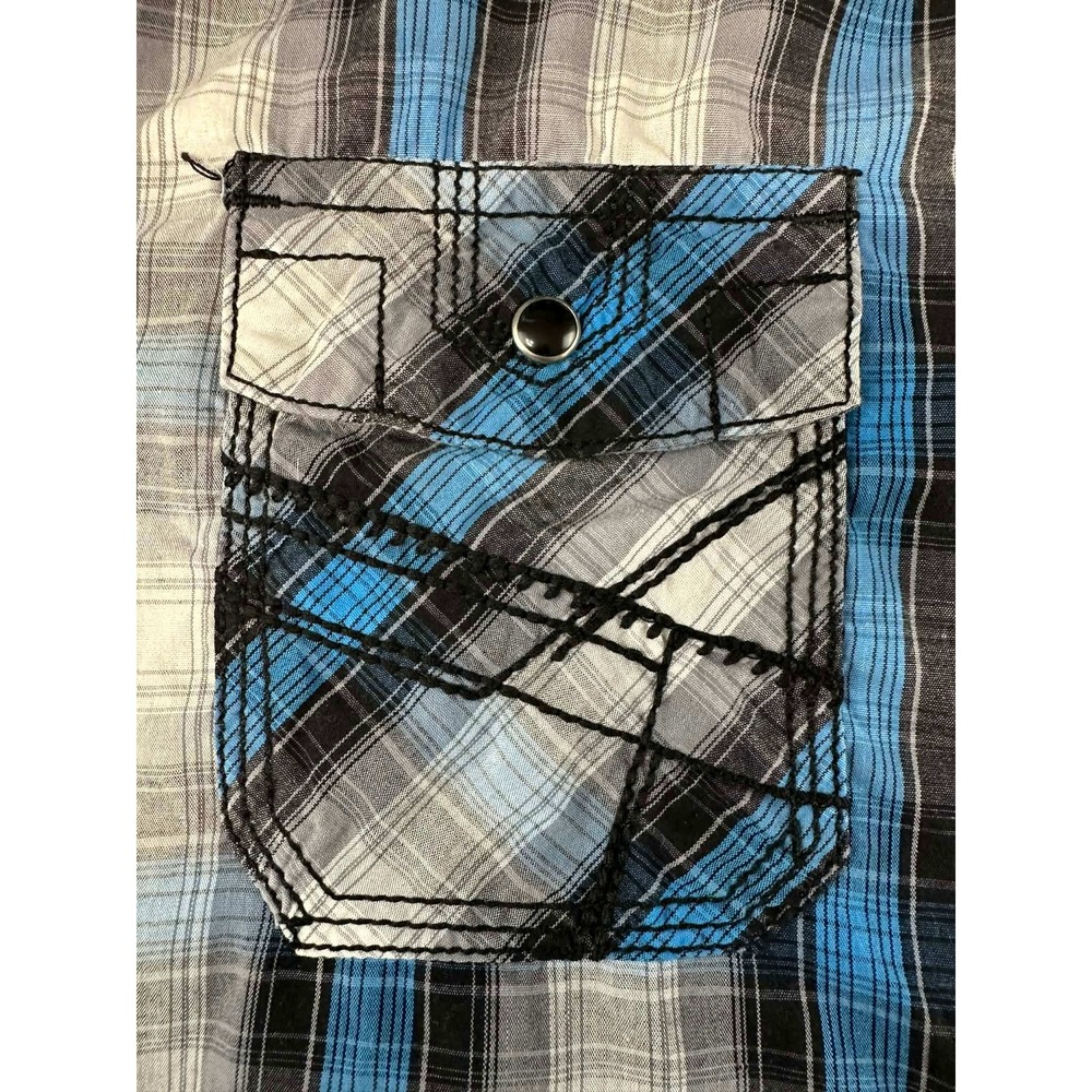CHALC Y2K Plaid Button Up Shirt Blue Gray Mens‎ Medium - Picture 3 of 7